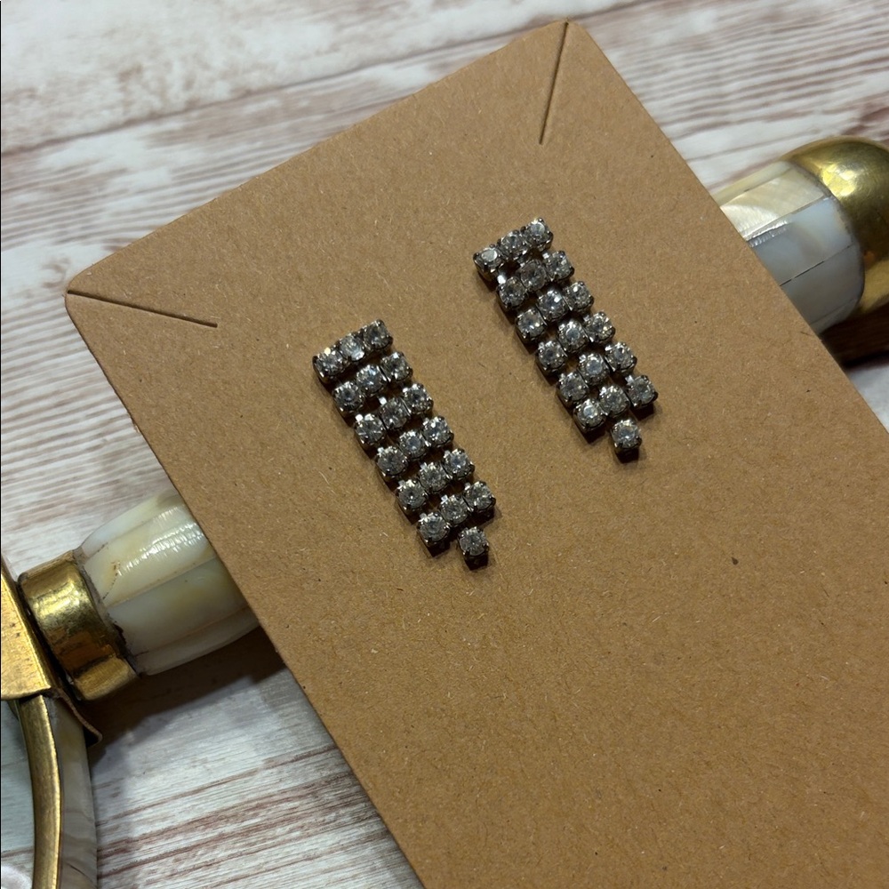 Vintage Silver Tone Rhinestone Drop Earrings 1940 1950 1960